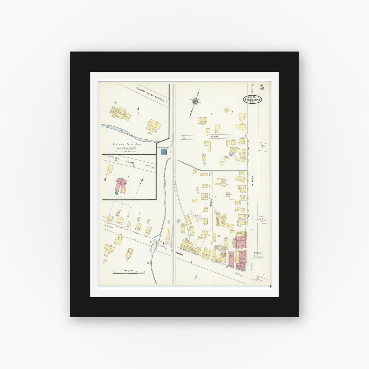 Old map wall art mockup — black gallery frame with white mat — Sanborn Fire Insurance Map from Sherburne, Chenango County, New York (1911), Sheet #0005