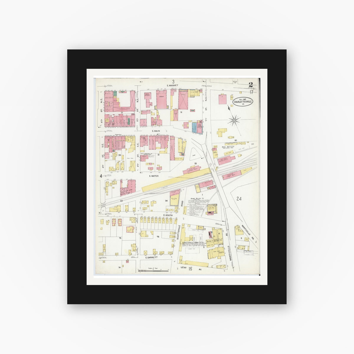 Old map wall art mockup — black gallery frame with white mat — Sanborn Fire Insurance Map from Charlottesville, Independent Cities, Virginia (1907), Sheet #0002