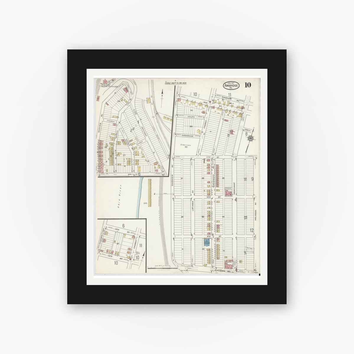 Old map wall art mockup — black gallery frame with white mat — Sanborn Fire Insurance Map from Ambridge, Beaver County, Pennsylvania (1917), Sheet #0010