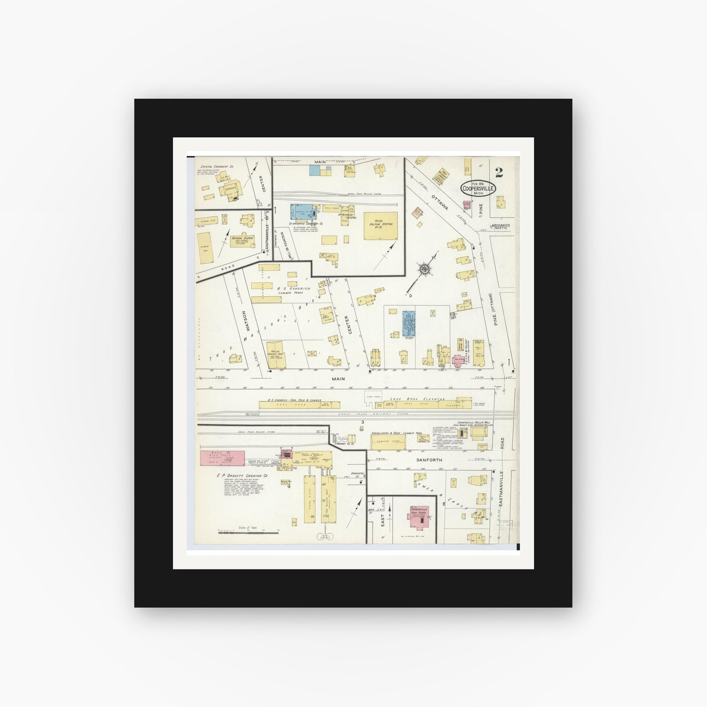 Old map wall art mockup — black gallery frame with white mat — Sanborn Fire Insurance Map from Coopersville, Ottawa County, Michigan (1916), Sheet #0002