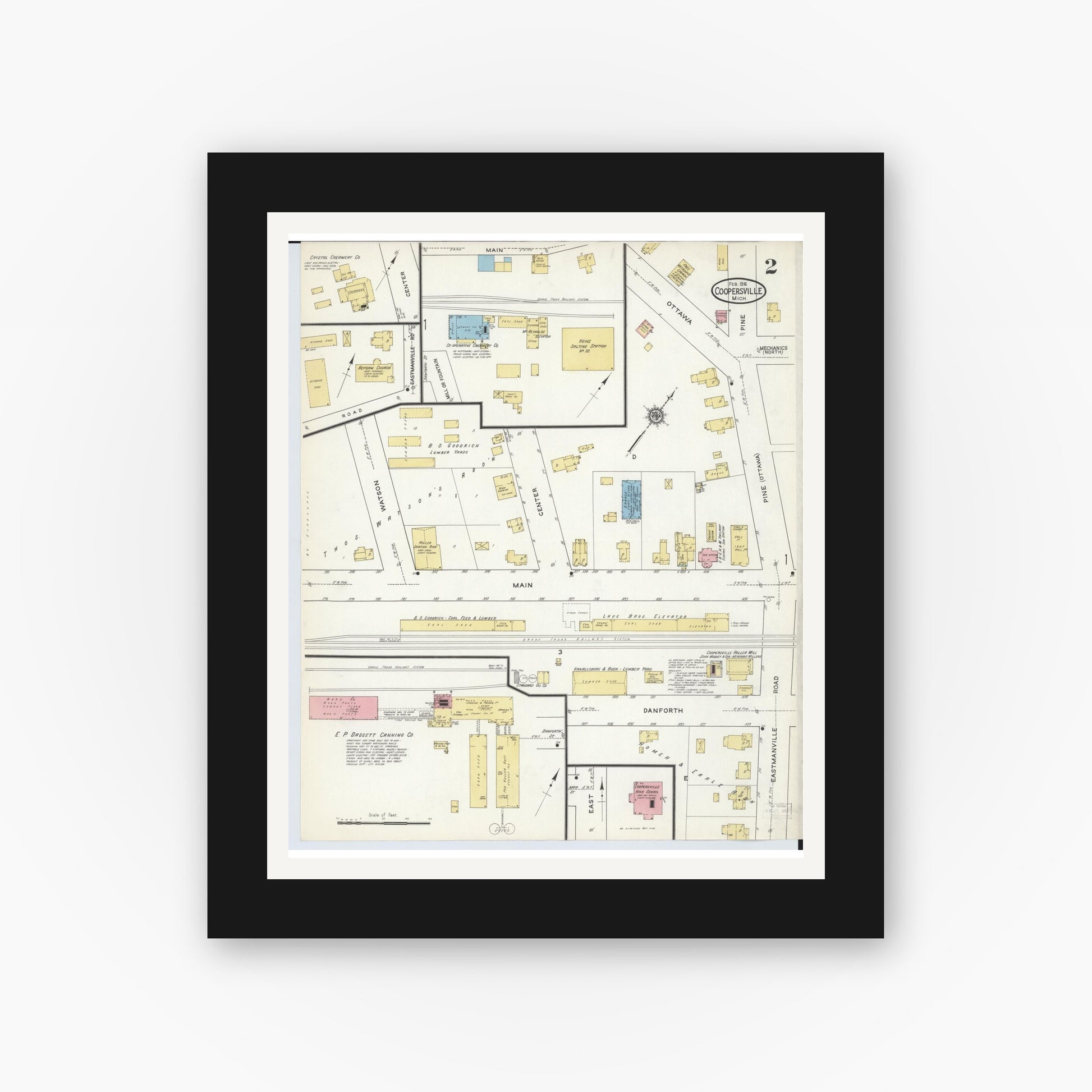 Old map wall art mockup — black gallery frame with white mat — Sanborn Fire Insurance Map from Coopersville, Ottawa County, Michigan (1916), Sheet #0002