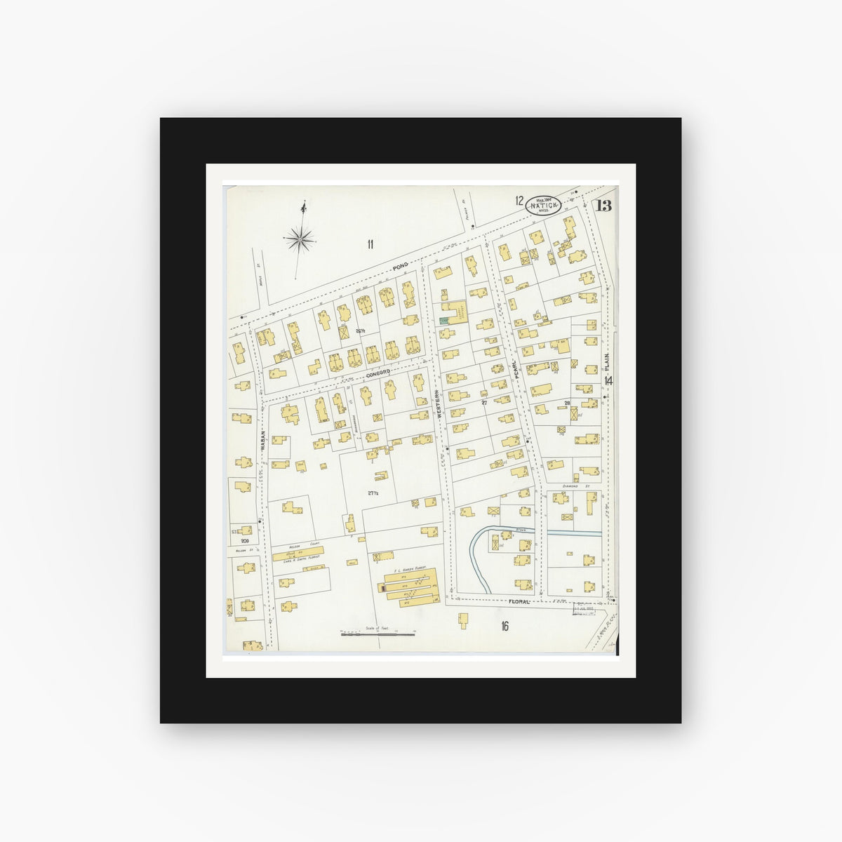 Old map wall art mockup — black gallery frame with white mat — Sanborn Fire Insurance Map from Natick, Middlesex County, Massachusetts (1904), Sheet #0013