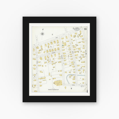 Old map wall art mockup — black gallery frame with white mat — Sanborn Fire Insurance Map from Natick, Middlesex County, Massachusetts (1904), Sheet #0013