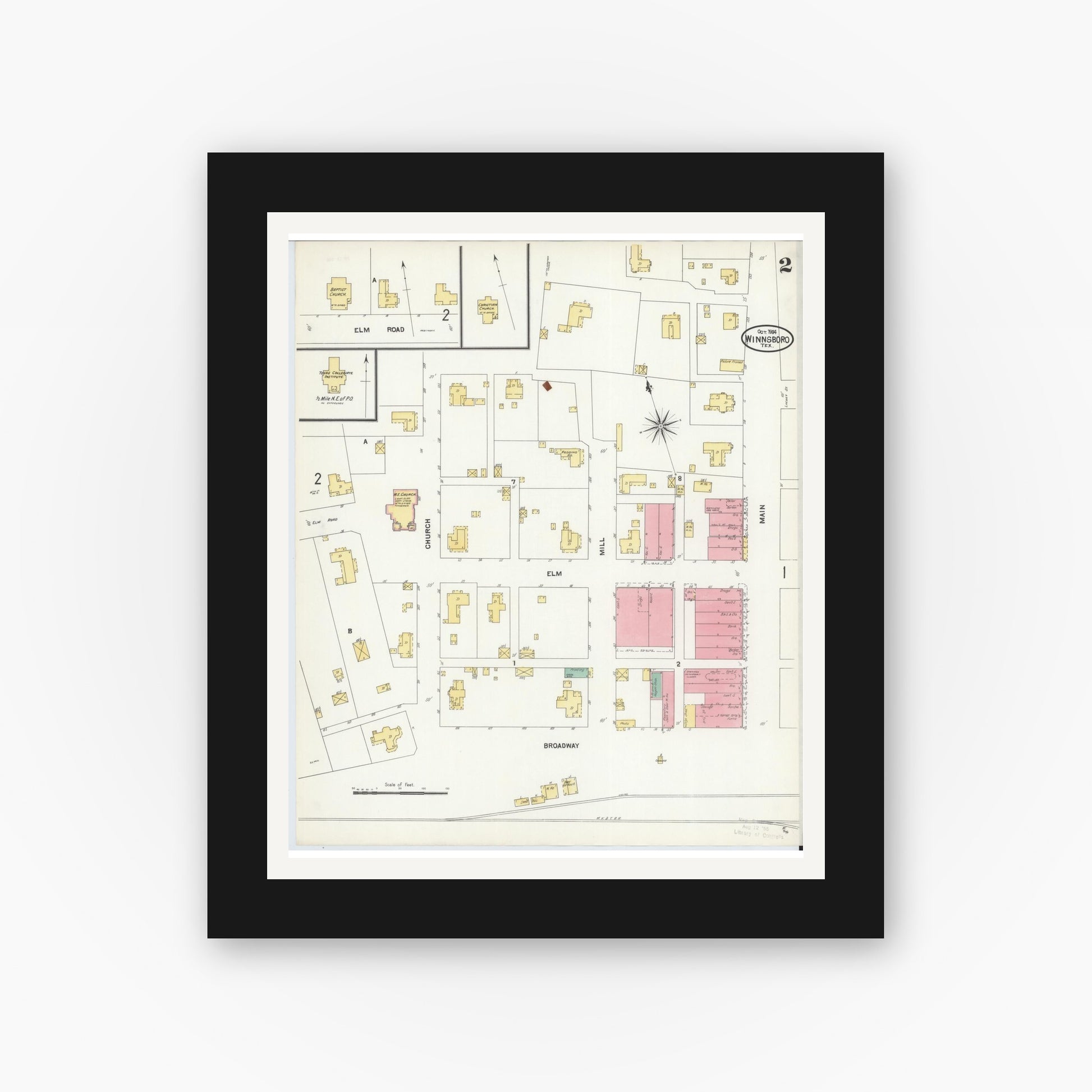 Old map wall art mockup — black gallery frame with white mat — Sanborn Fire Insurance Map from Winnsboro, Wood County, Texas (1904), Sheet #0002