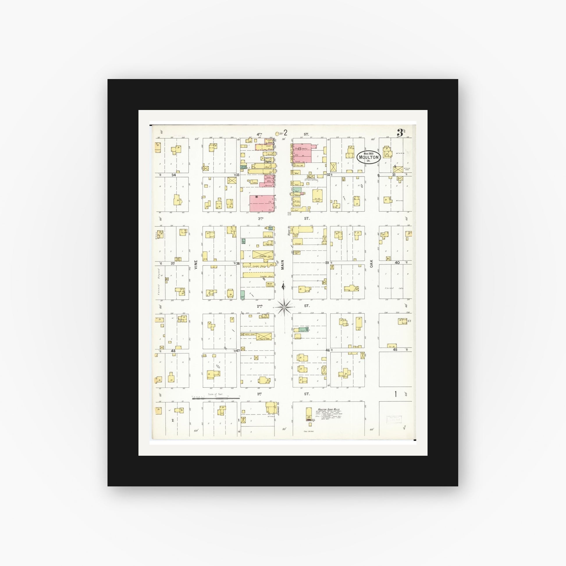 Old map wall art mockup — black gallery frame with white mat — Sanborn Fire Insurance Map from Moulton, Appanoose County, Iowa (1900), Sheet #0003