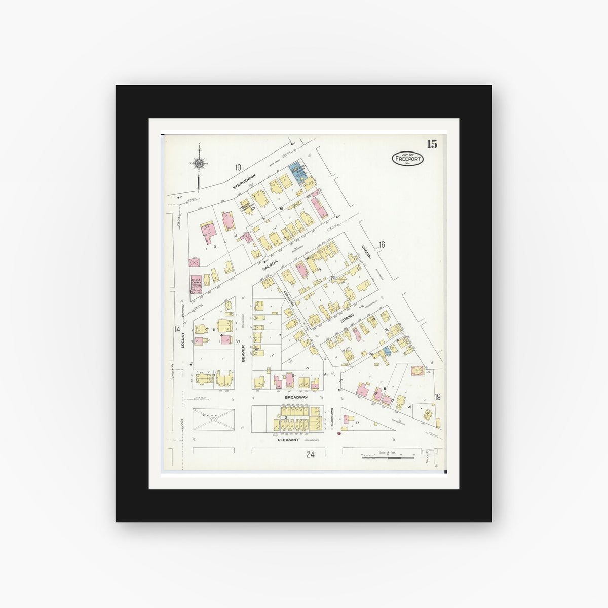 Old map wall art mockup — black gallery frame with white mat — Sanborn Fire Insurance Map from Freeport, Stephenson County, Illinois (1910), Sheet #0015