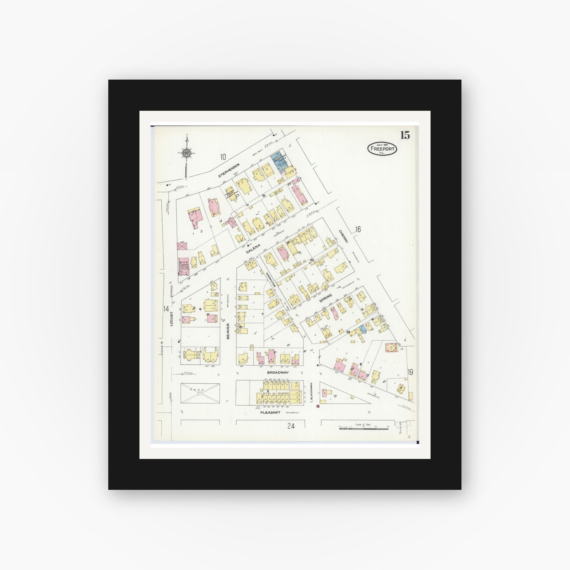 Old map wall art mockup — black gallery frame with white mat — Sanborn Fire Insurance Map from Freeport, Stephenson County, Illinois (1910), Sheet #0015