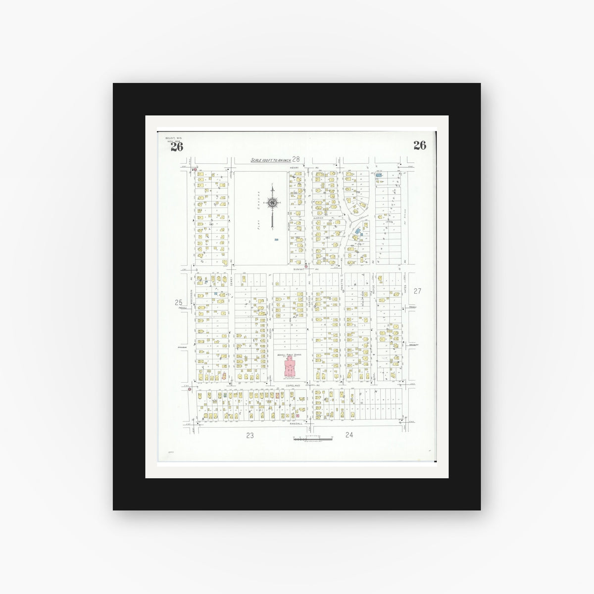 Old map wall art mockup — black gallery frame with white mat — Sanborn Fire Insurance Map from Beloit, Rock County, Wisconsin (1939), Sheet #0026