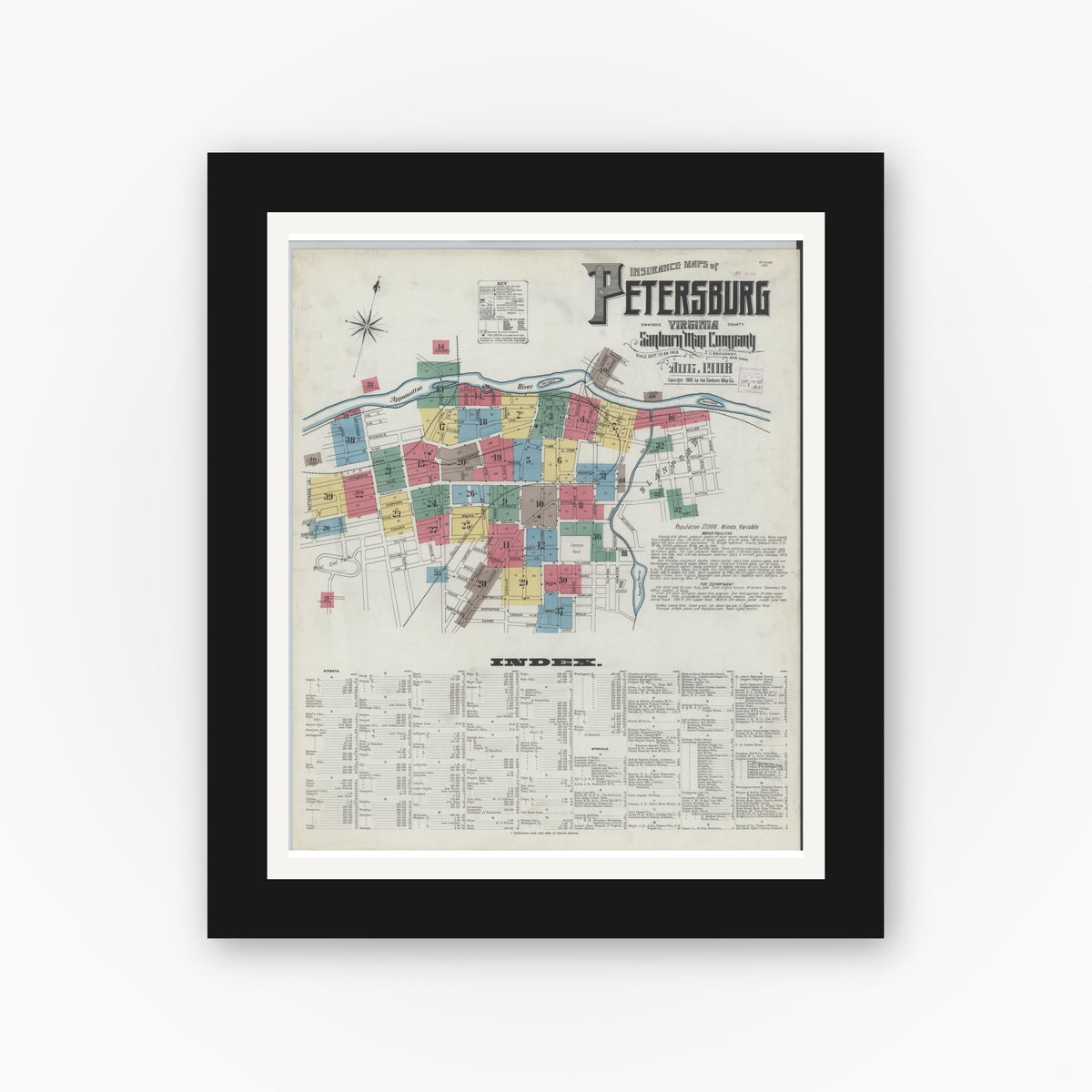 Old map wall art mockup — black gallery frame with white mat — Sanborn Fire Insurance Map from Petersburg, Independent Cities, Virginia (1908) - Complete Map Set