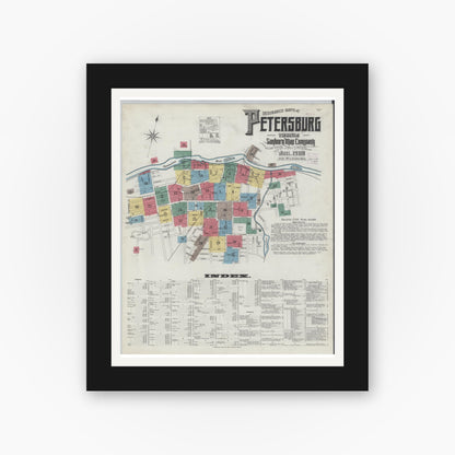 Old map wall art mockup — black gallery frame with white mat — Sanborn Fire Insurance Map from Petersburg, Independent Cities, Virginia (1908) - Complete Map Set