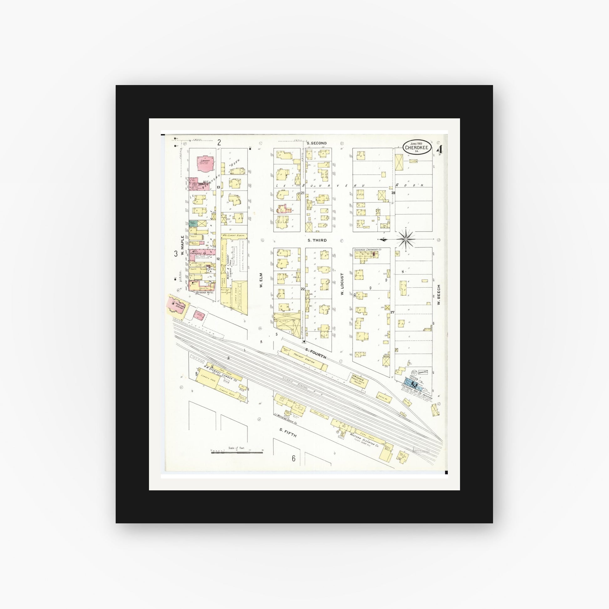 Old map wall art mockup — black gallery frame with white mat — Sanborn Fire Insurance Map from Cherokee, Cherokee County, Iowa (1909), Sheet #0004