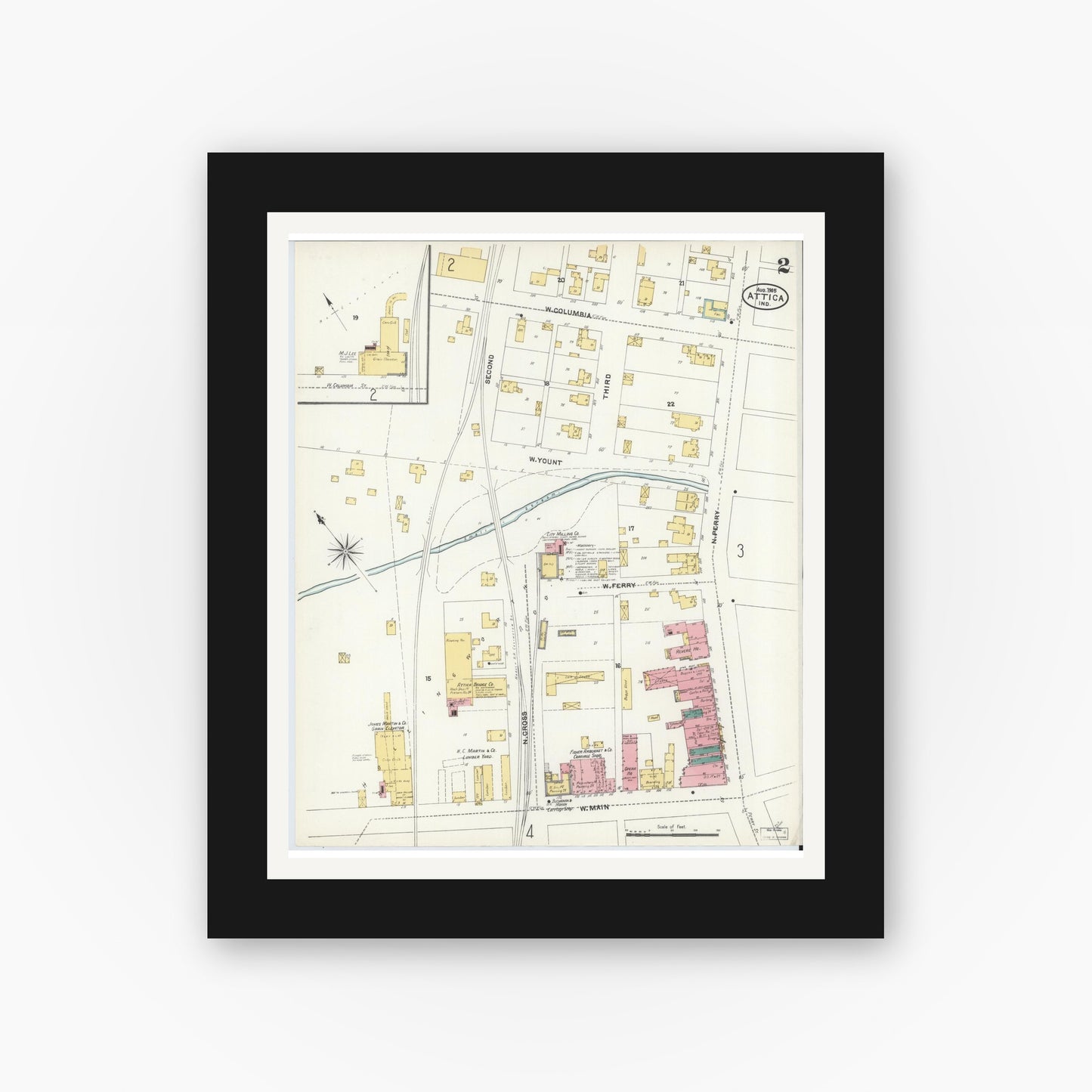 Old map wall art mockup — black gallery frame with white mat — Sanborn Fire Insurance Map from Attica, Fountain County, Indiana (1905), Sheet #0002