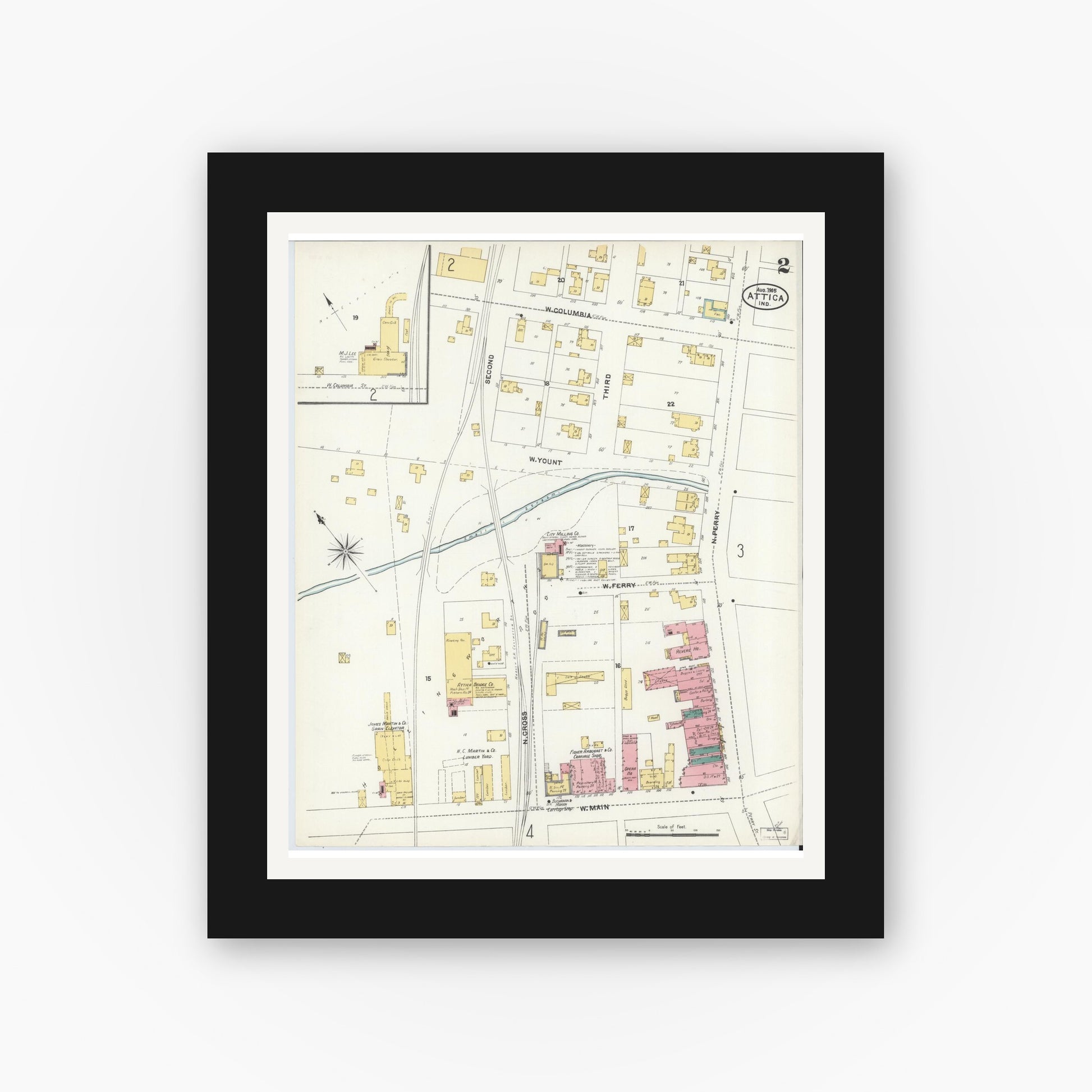 Old map wall art mockup — black gallery frame with white mat — Sanborn Fire Insurance Map from Attica, Fountain County, Indiana (1905), Sheet #0002