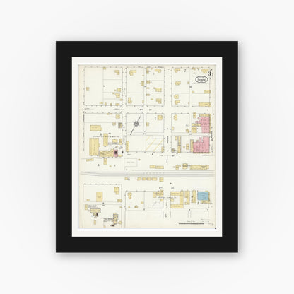 Old map wall art mockup — black gallery frame with white mat — Sanborn Fire Insurance Map from Shiner, Lavaca County, Texas (1912), Sheet #0003
