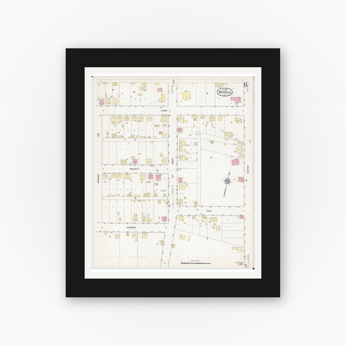 Old map wall art mockup — black gallery frame with white mat — Sanborn Fire Insurance Map from Waterloo, Monroe County, Illinois (1913), Sheet #0006