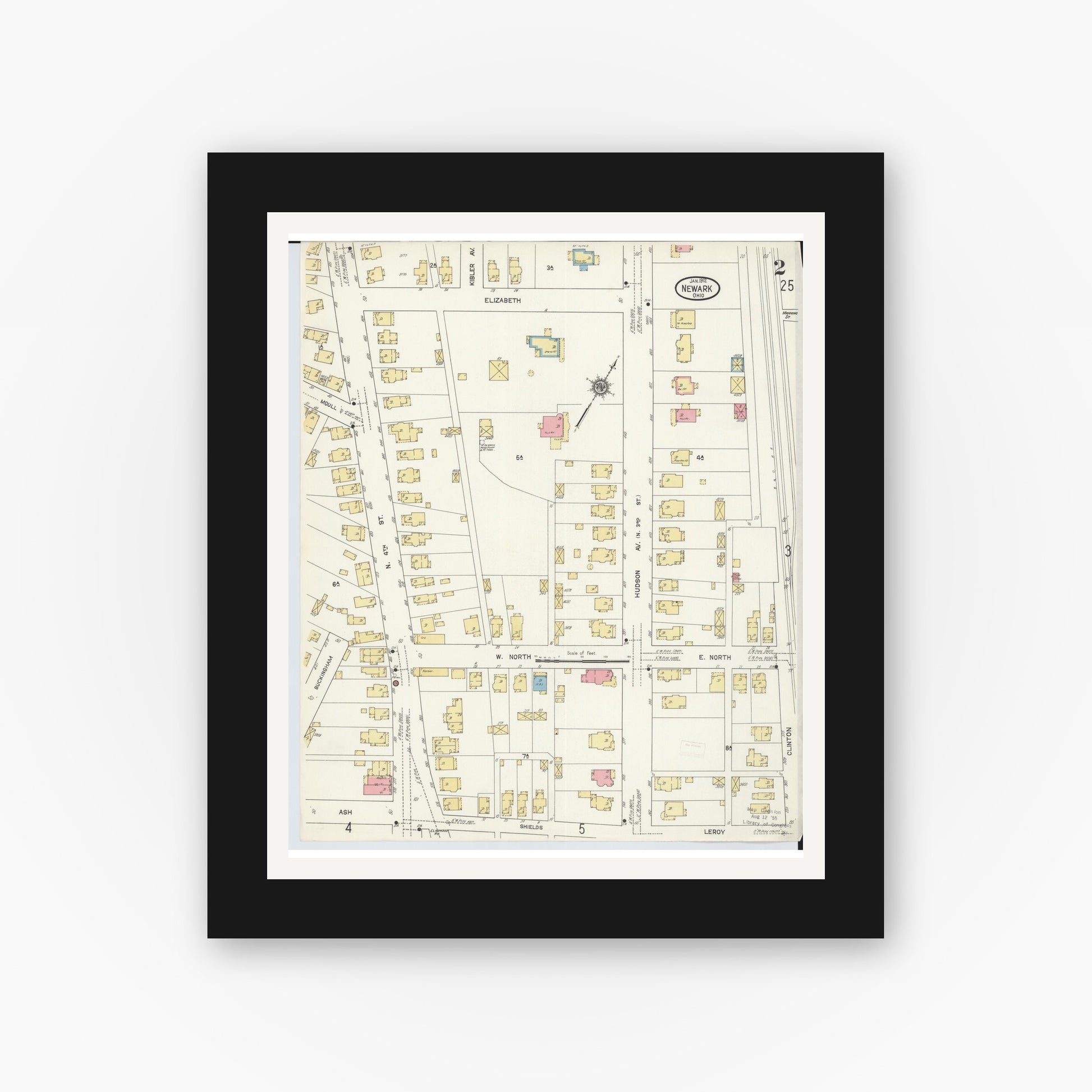 Old map wall art mockup — black gallery frame with white mat — Sanborn Fire Insurance Map from Newark, Licking County, Ohio (1912), Sheet #0002