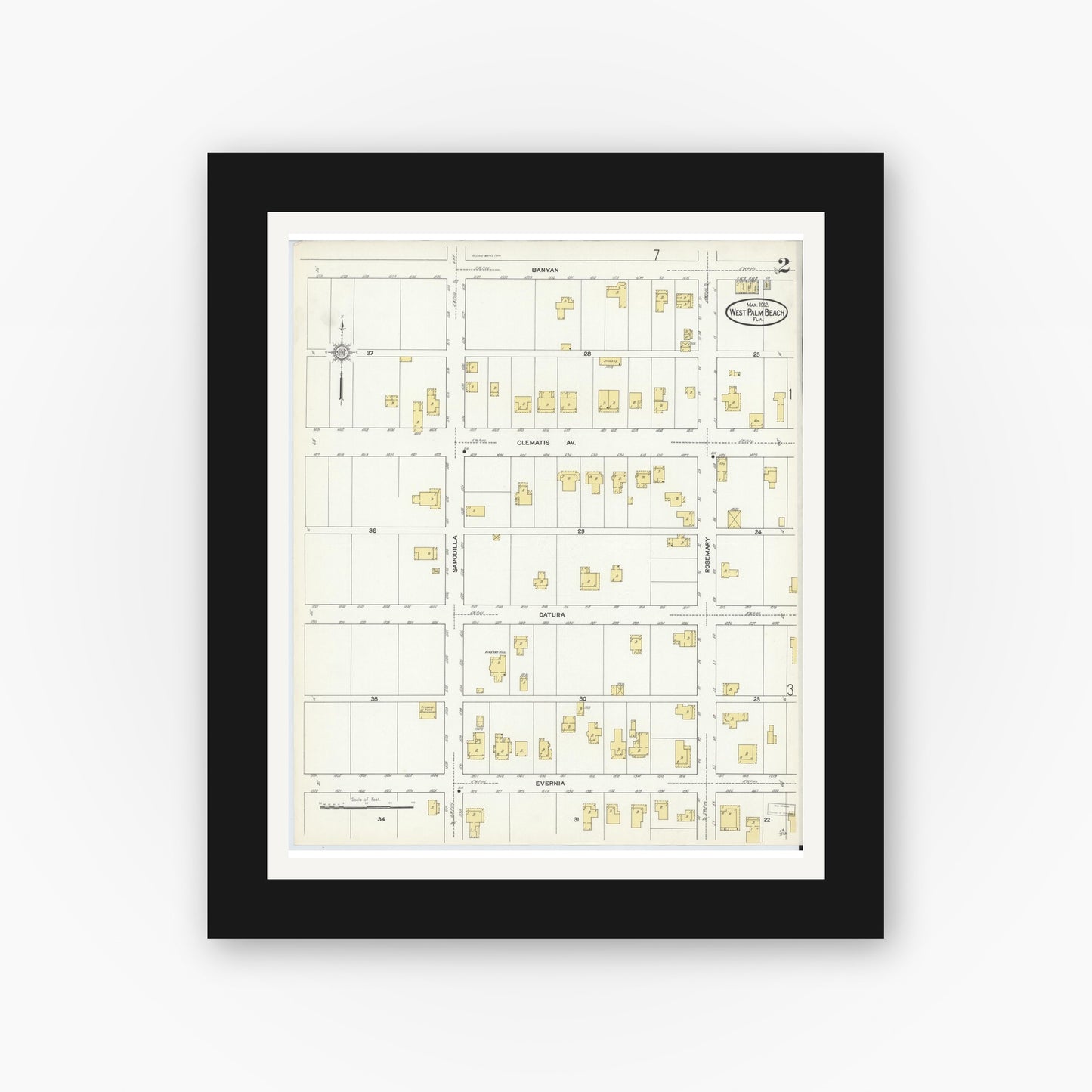 Old map wall art mockup — black gallery frame with white mat — Sanborn Fire Insurance Map from West Palm Beach, Dade County, Florida (1912), Sheet #0002