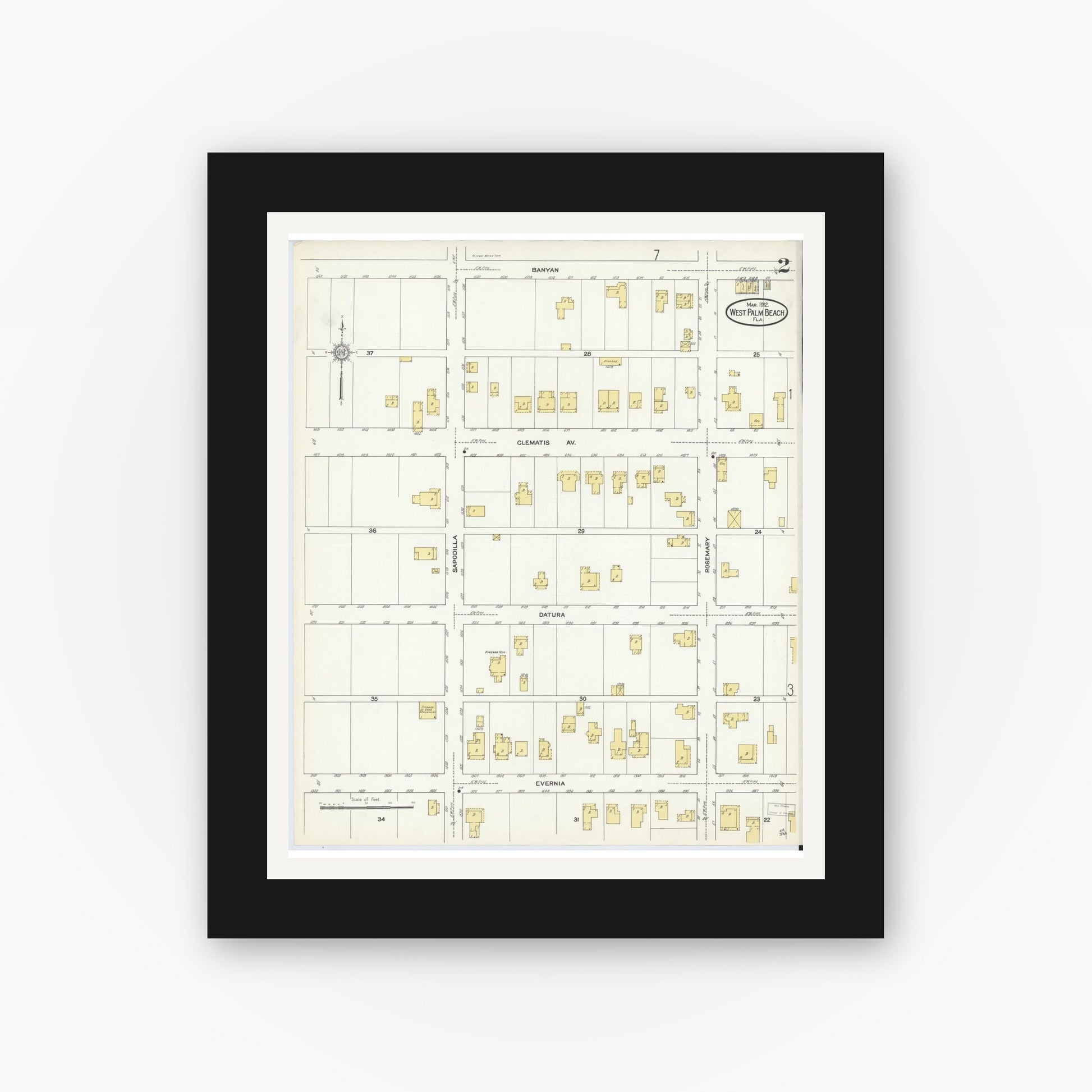 Old map wall art mockup — black gallery frame with white mat — Sanborn Fire Insurance Map from West Palm Beach, Dade County, Florida (1912), Sheet #0002