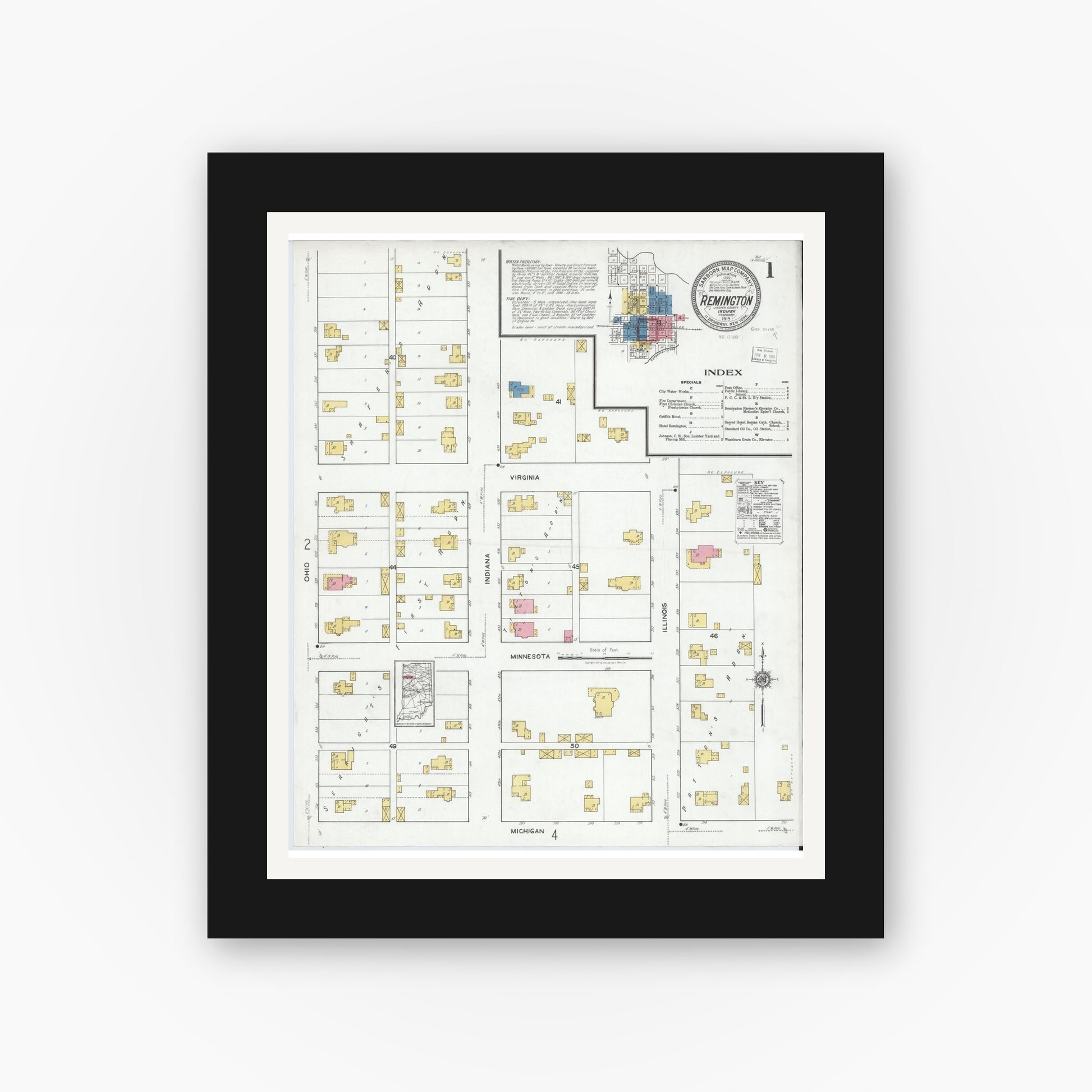 Old map wall art mockup — black gallery frame with white mat — Sanborn Fire Insurance Map from Remington, Jasper County, Indiana (1919) - Complete Map Set