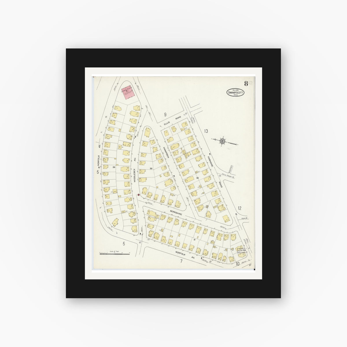 Old map wall art mockup — black gallery frame with white mat — Sanborn Fire Insurance Map from Swampscott, Essex County, Massachusetts (1913), Sheet #0008
