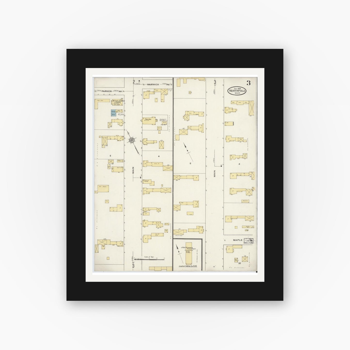 Old map wall art mockup — black gallery frame with white mat — Sanborn Fire Insurance Map from Northfield, Franklin County, Massachusetts (1909), Sheet #0003