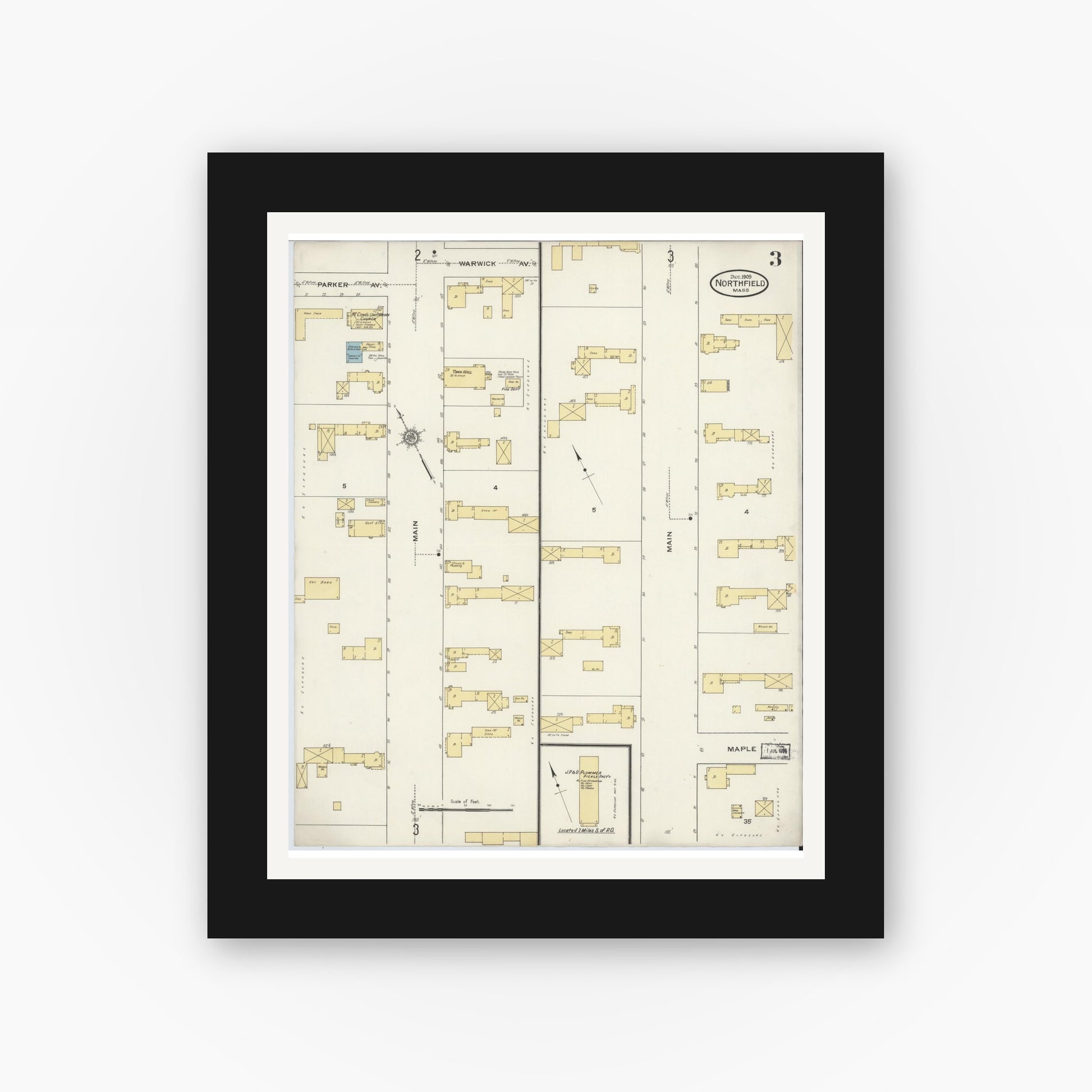 Old map wall art mockup — black gallery frame with white mat — Sanborn Fire Insurance Map from Northfield, Franklin County, Massachusetts (1909), Sheet #0003