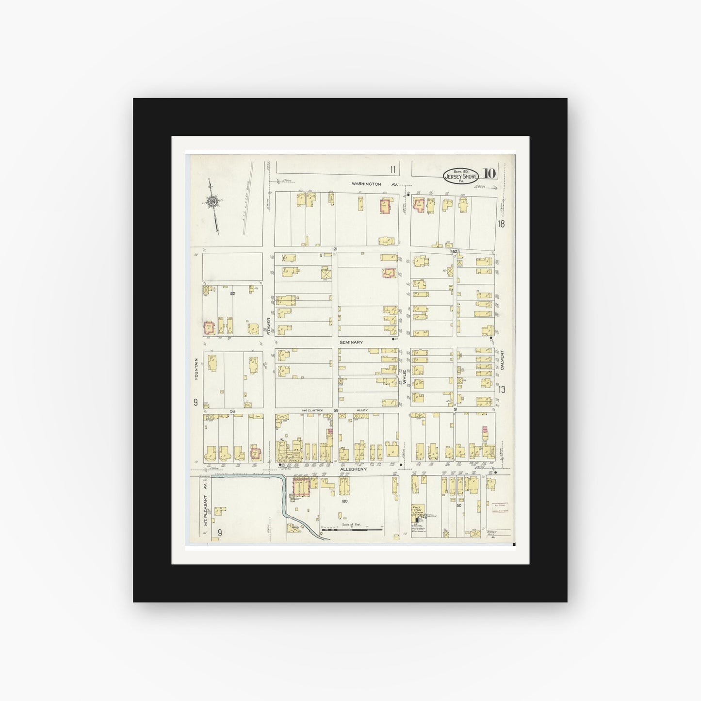 Old map wall art mockup — black gallery frame with white mat — Sanborn Fire Insurance Map from Jersey Shore, Lycoming County, Pennsylvania (1913), Sheet #0010