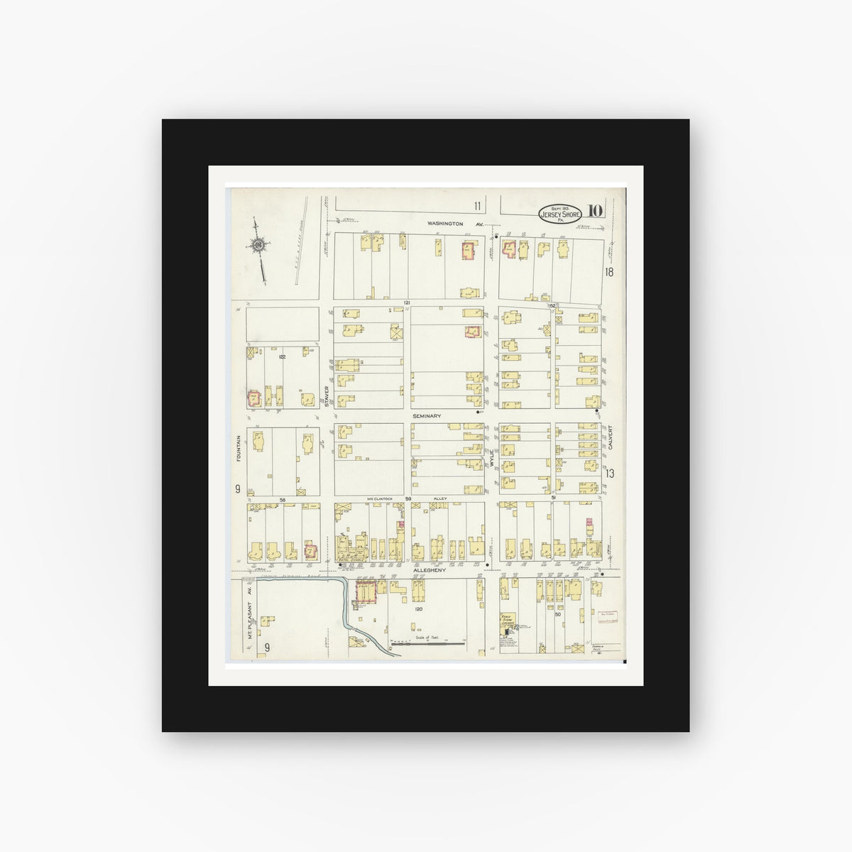 Old map wall art mockup — black gallery frame with white mat — Sanborn Fire Insurance Map from Jersey Shore, Lycoming County, Pennsylvania (1913), Sheet #0010