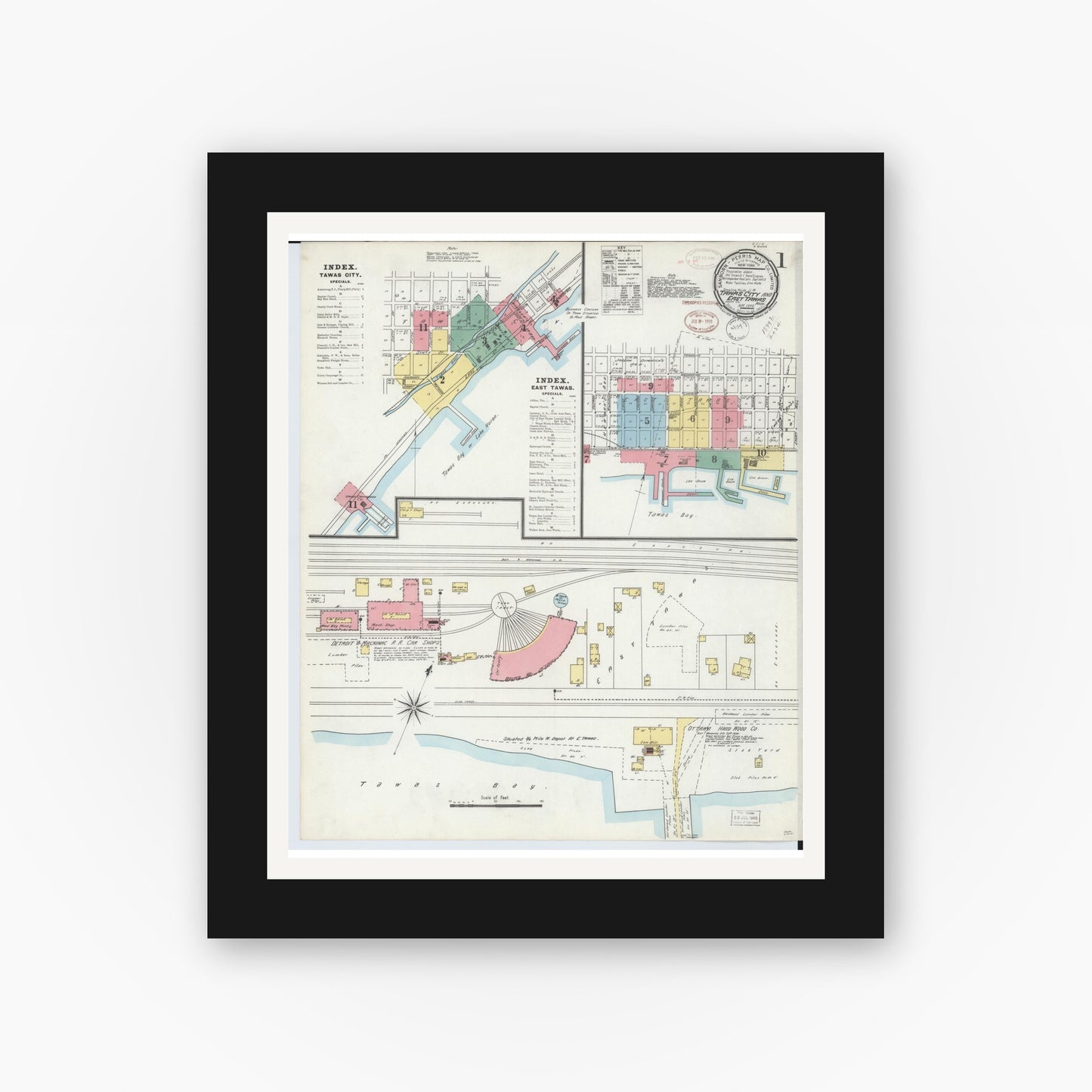 Old map wall art mockup — black gallery frame with white mat — Sanborn Fire Insurance Map from East Tawas, Iosco County, Michigan (1898) - Complete Map Set