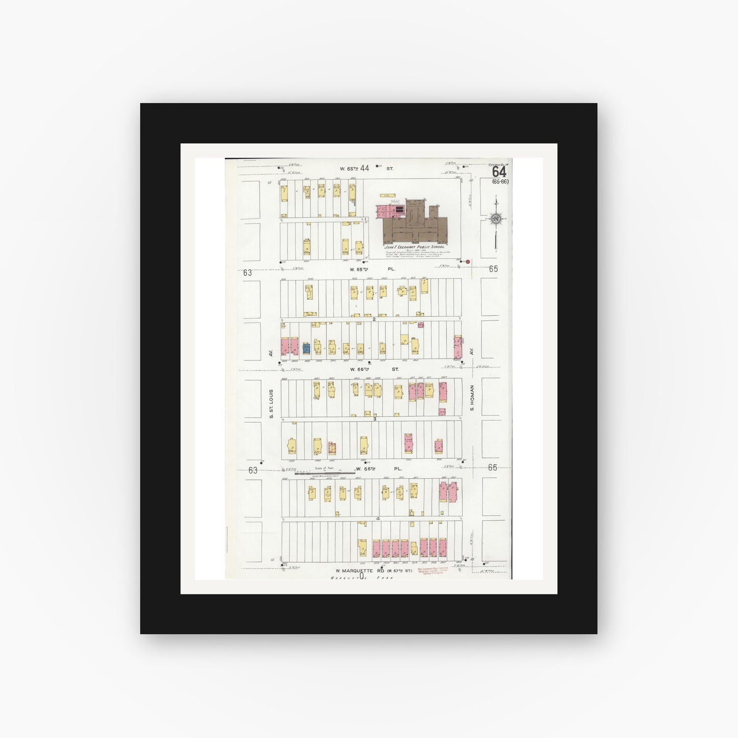 Old map wall art mockup — black gallery frame with white mat — Sanborn Fire Insurance Map from Chicago, Cook County, Illinois (1920), Sheet #0064