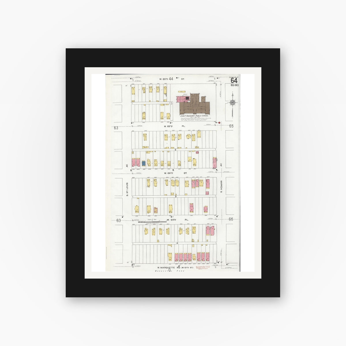Old map wall art mockup — black gallery frame with white mat — Sanborn Fire Insurance Map from Chicago, Cook County, Illinois (1920), Sheet #0064