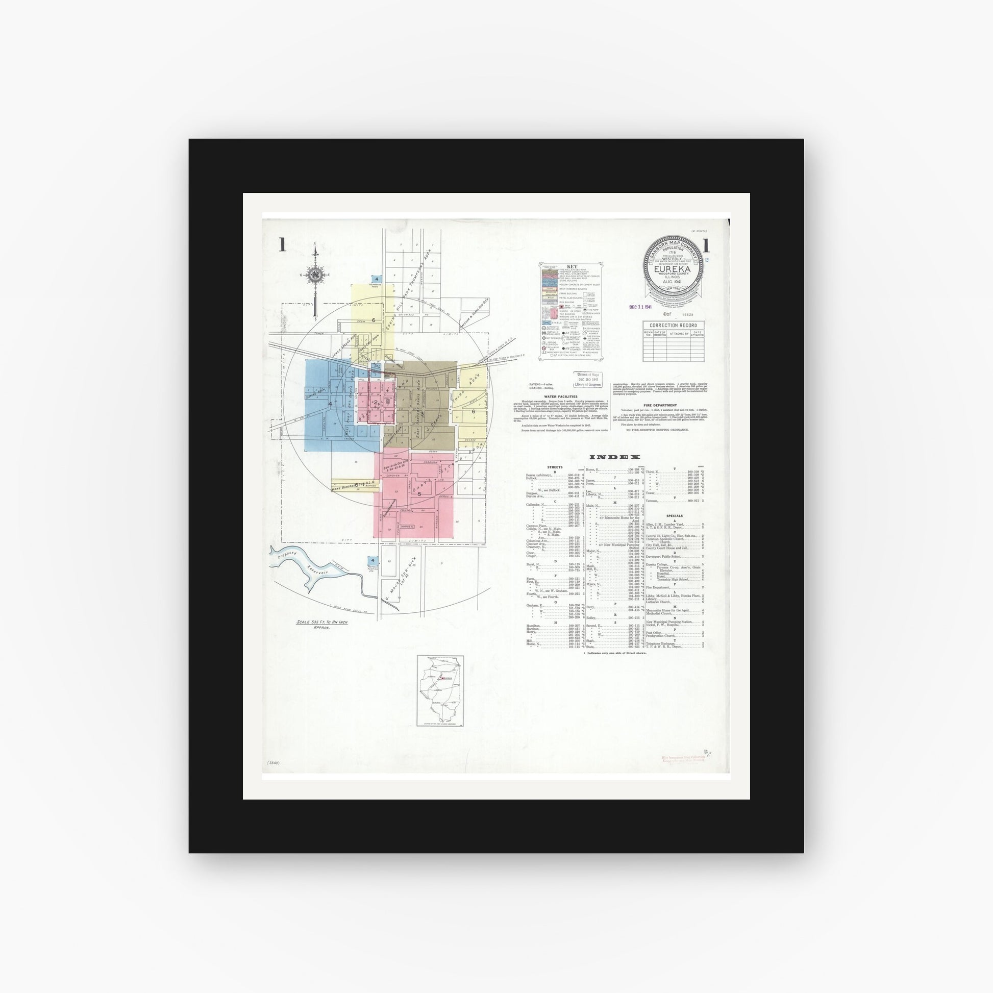 Old map wall art mockup — black gallery frame with white mat — Sanborn Fire Insurance Map from Eureka, Woodford County, Illinois (1941) - Complete Map Set