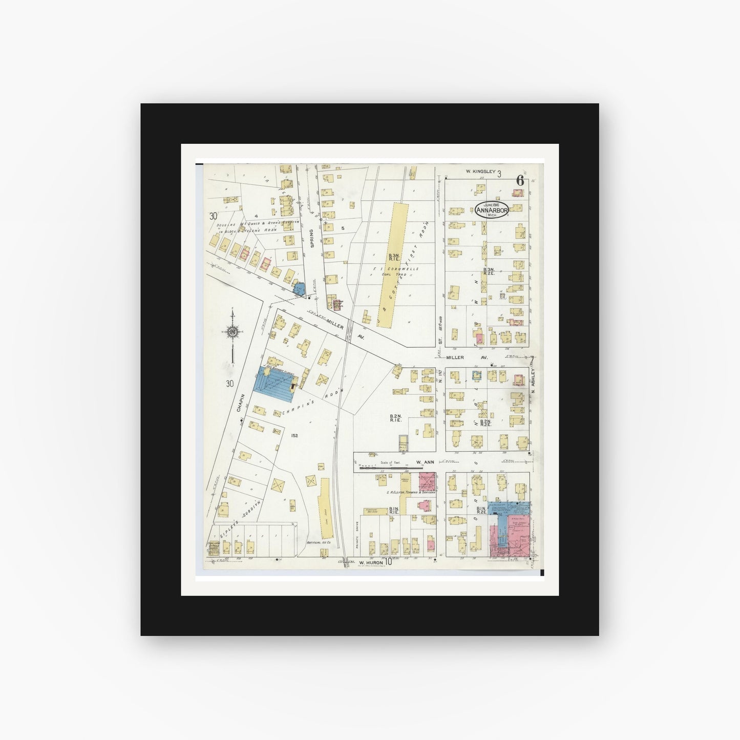 Old map wall art mockup — black gallery frame with white mat — Sanborn Fire Insurance Map from Ann Arbor, Washtenaw County, Michigan (1916), Sheet #0006