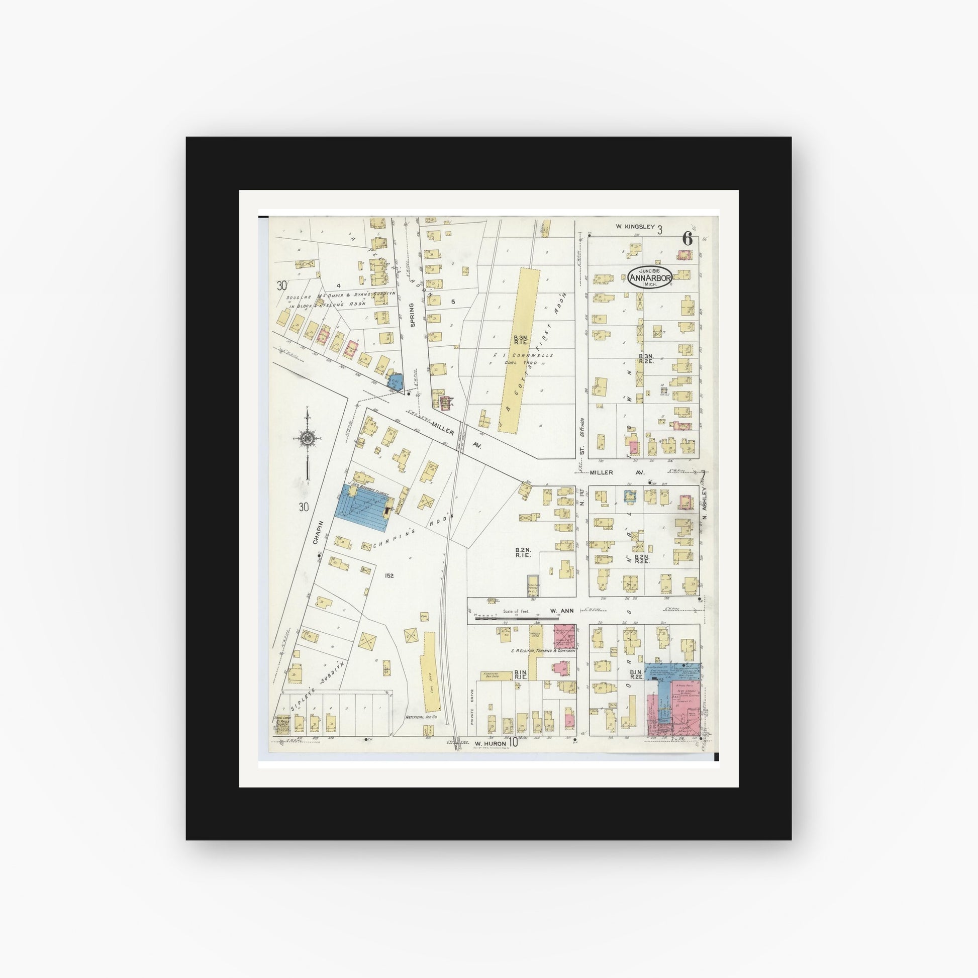 Old map wall art mockup — black gallery frame with white mat — Sanborn Fire Insurance Map from Ann Arbor, Washtenaw County, Michigan (1916), Sheet #0006
