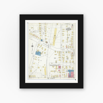 Old map wall art mockup — black gallery frame with white mat — Sanborn Fire Insurance Map from Ann Arbor, Washtenaw County, Michigan (1916), Sheet #0006