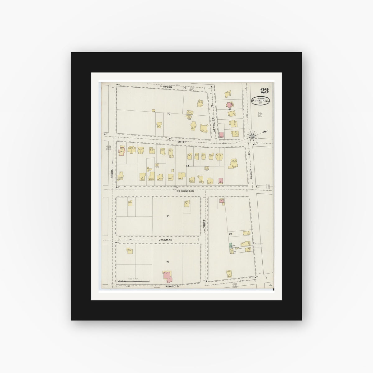 Old map wall art mockup — black gallery frame with white mat — Sanborn Fire Insurance Map from Peekskill, Westchester County, New York (1895), Sheet #0023