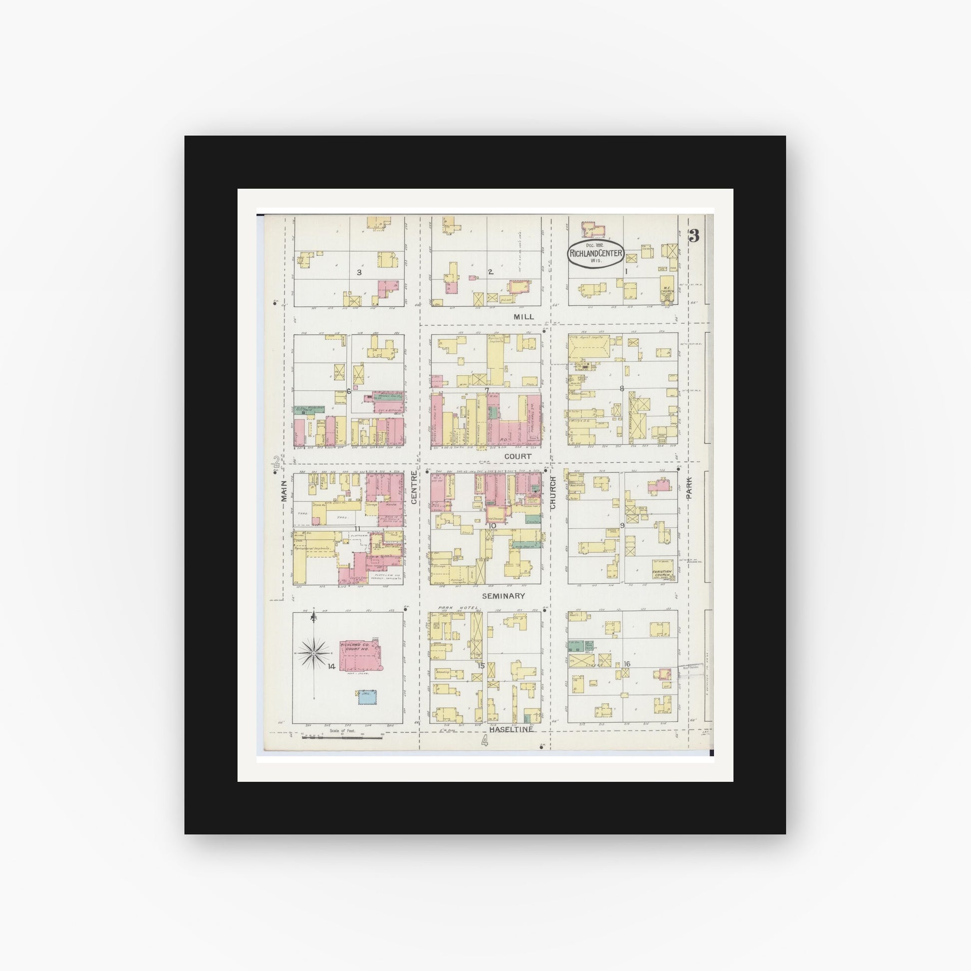 Old map wall art mockup — black gallery frame with white mat — Sanborn Fire Insurance Map from Richland Center, Richland County, Wisconsin (1892), Sheet #0003
