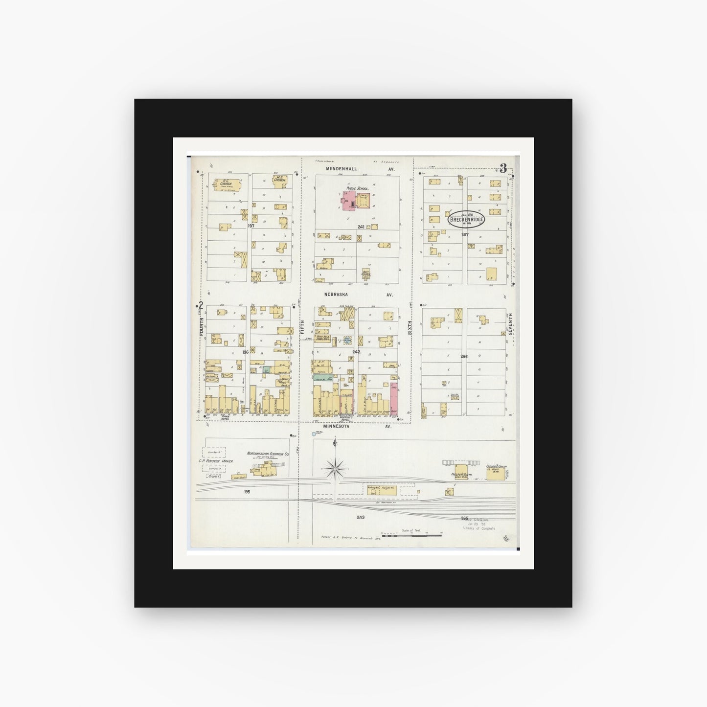 Old map wall art mockup — black gallery frame with white mat — Sanborn Fire Insurance Map from Breckenridge, Wilkin County, Minnesota (1898), Sheet #0003