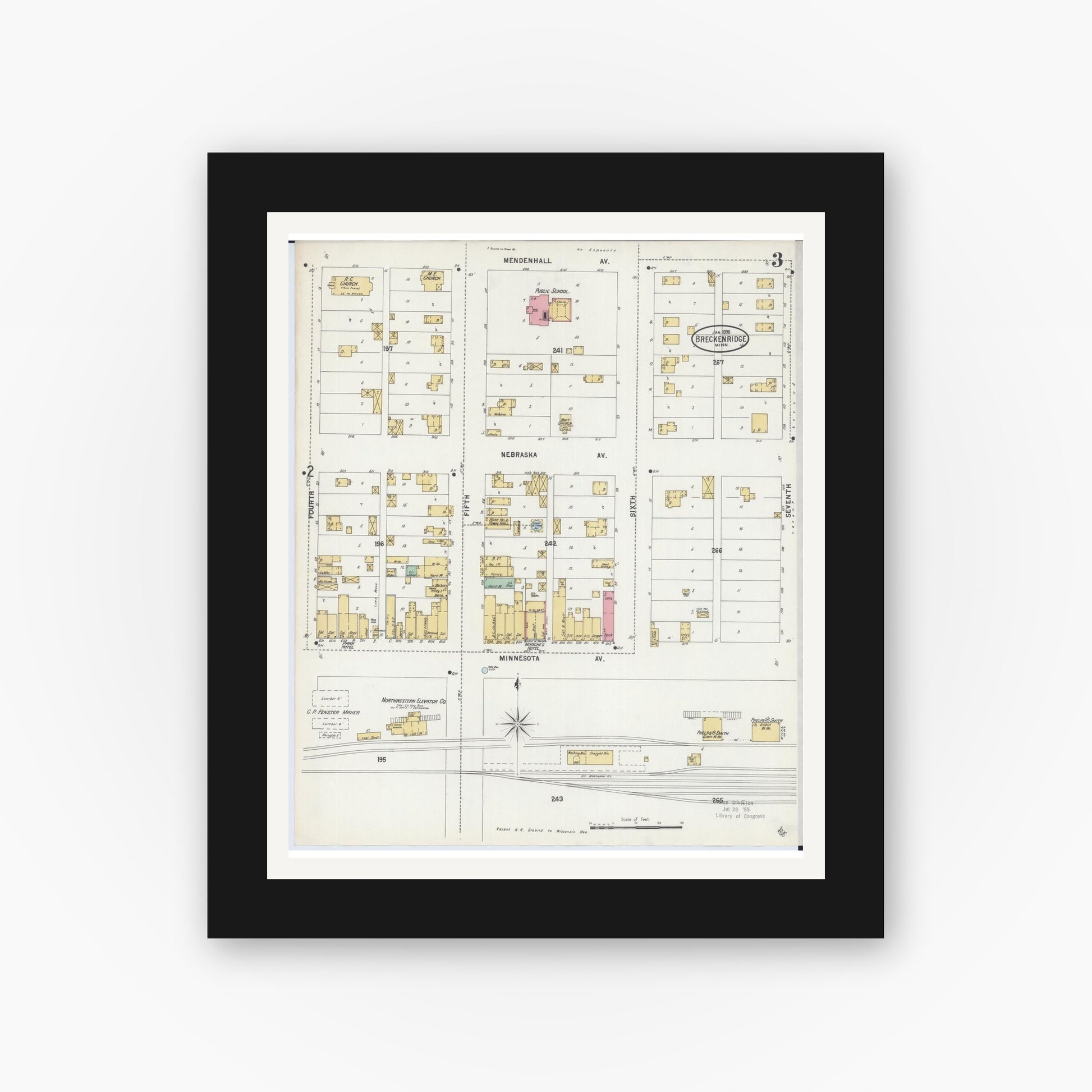 Old map wall art mockup — black gallery frame with white mat — Sanborn Fire Insurance Map from Breckenridge, Wilkin County, Minnesota (1898), Sheet #0003