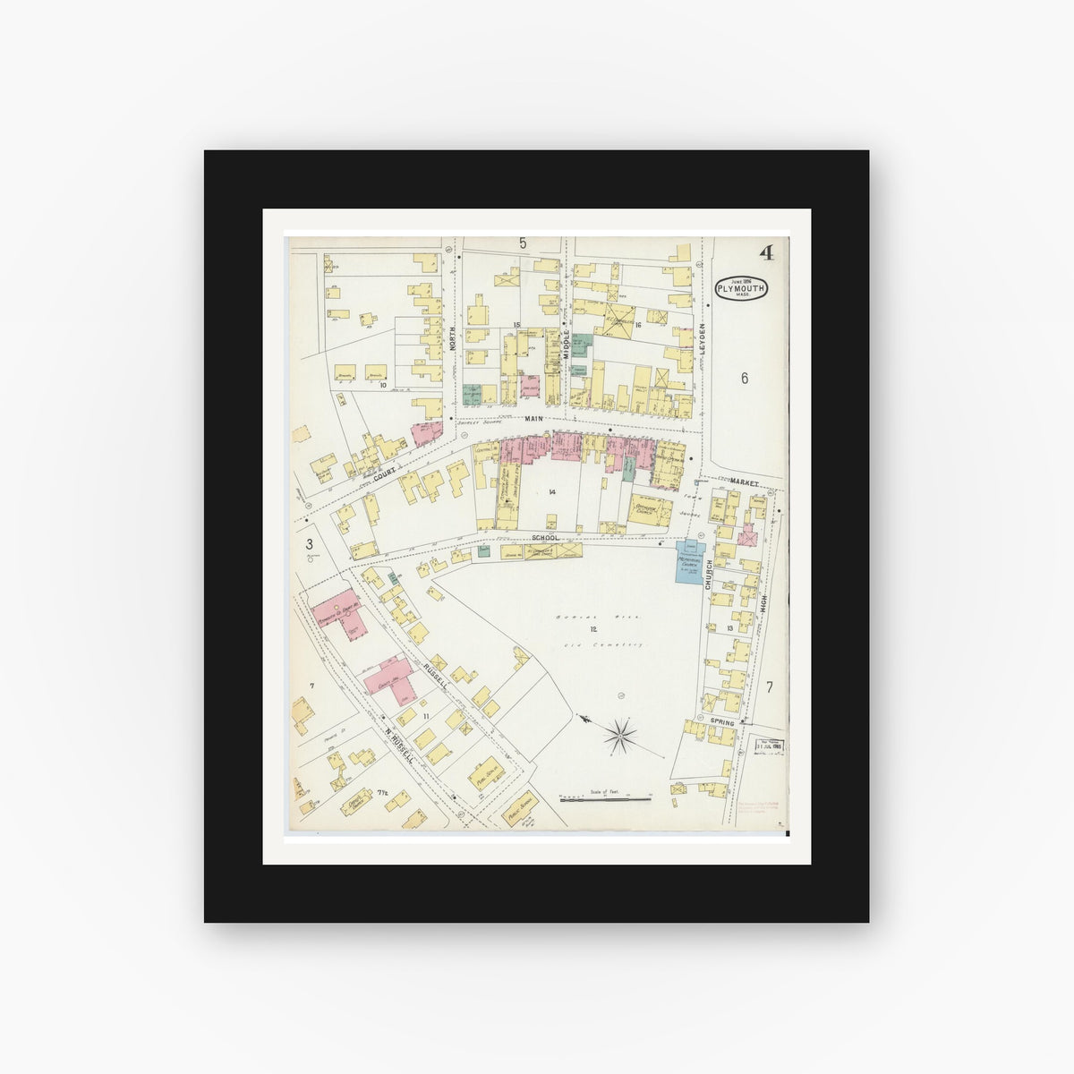Old map wall art mockup — black gallery frame with white mat — Sanborn Fire Insurance Map from Plymouth, Plymouth County, Massachusetts (1896), Sheet #0004