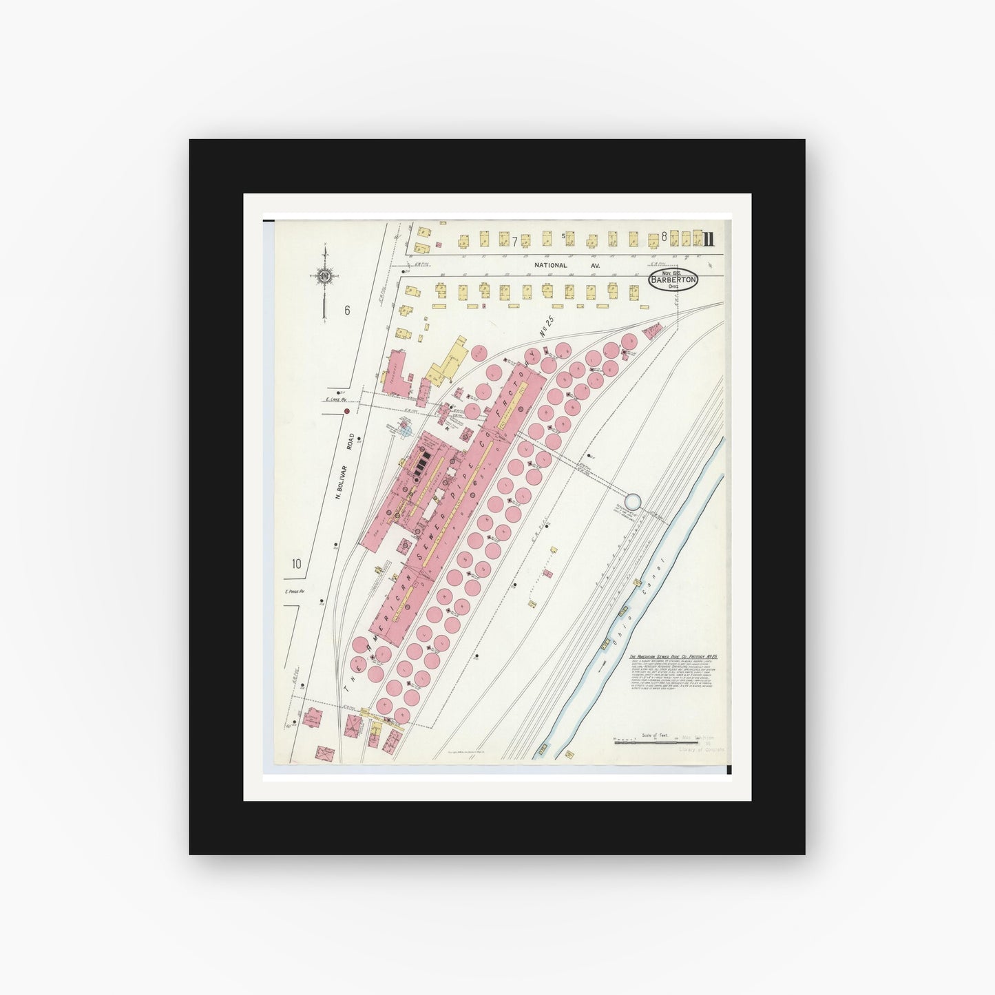 Old map wall art mockup — black gallery frame with white mat — Sanborn Fire Insurance Map from Barberton, Summit County, Ohio (1916), Sheet #0011