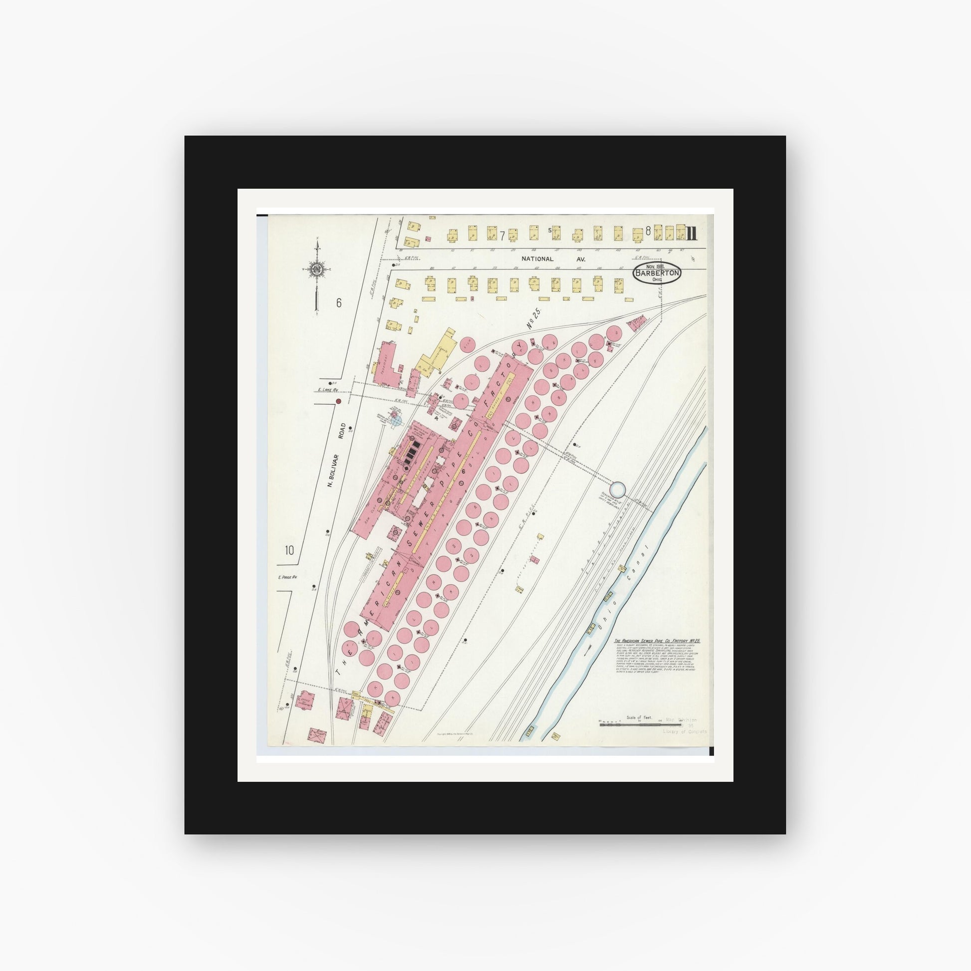 Old map wall art mockup — black gallery frame with white mat — Sanborn Fire Insurance Map from Barberton, Summit County, Ohio (1916), Sheet #0011
