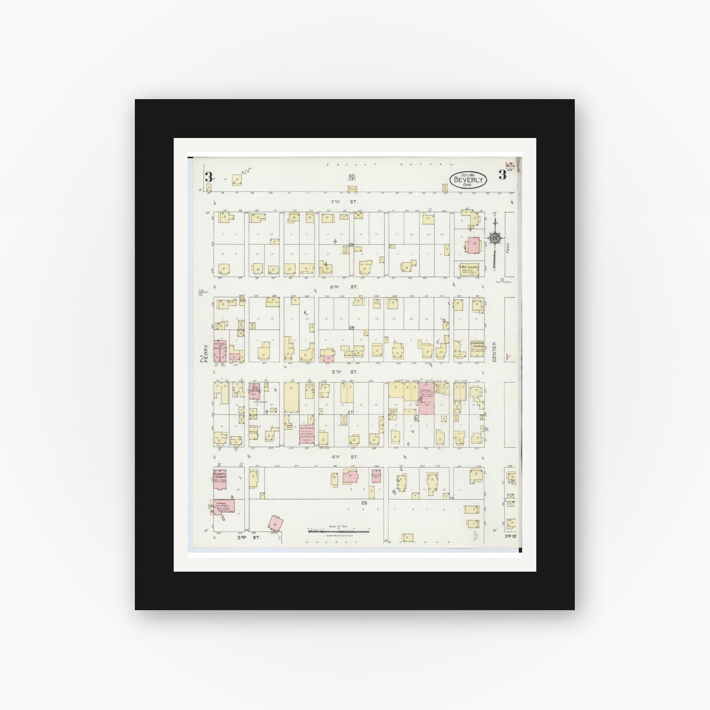 Old map wall art mockup — black gallery frame with white mat — Sanborn Fire Insurance Map from Beverly, Washington County, Ohio (1924), Sheet #0003