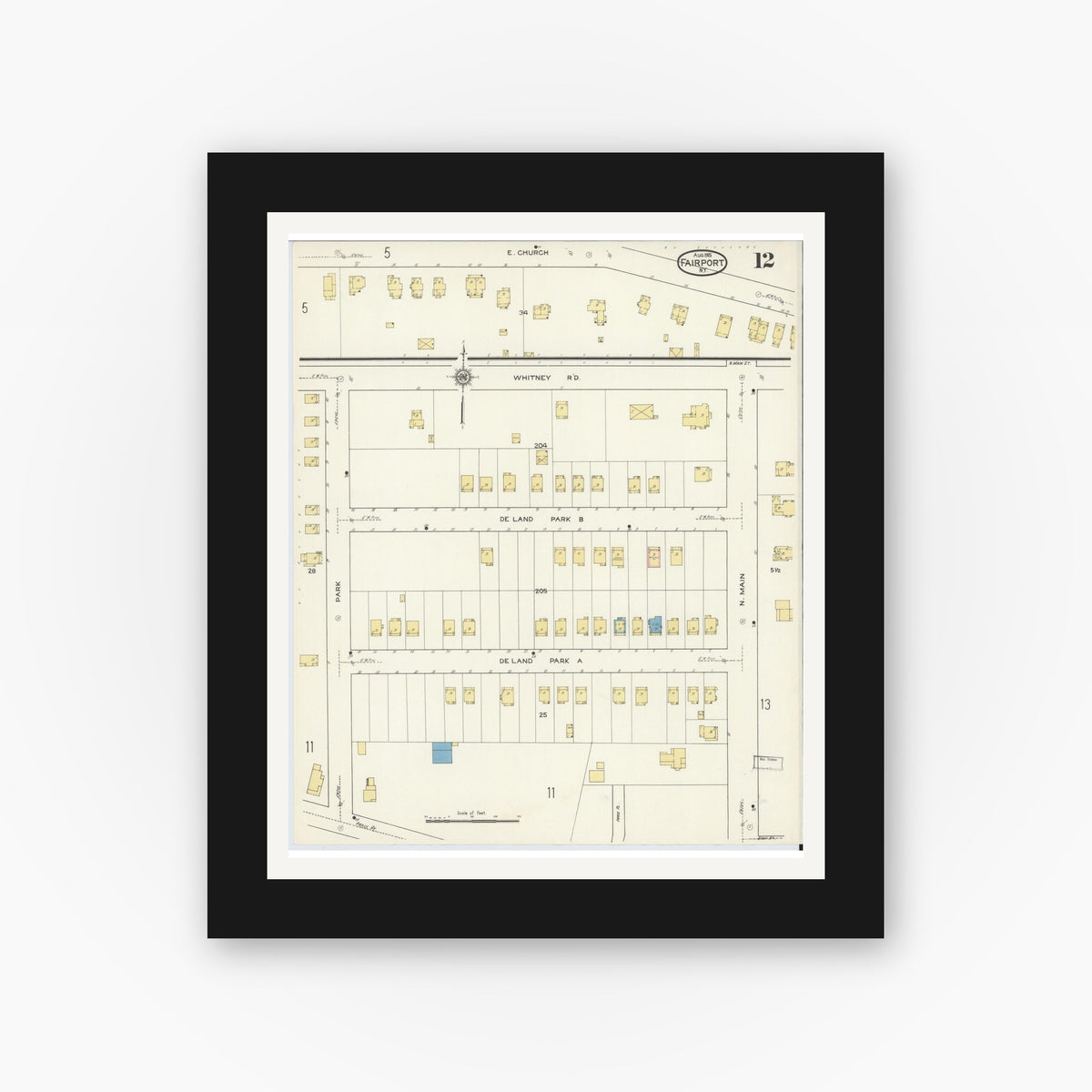 Old map wall art mockup — black gallery frame with white mat — Sanborn Fire Insurance Map from Fairport, Monroe County, New York (1915), Sheet #0012