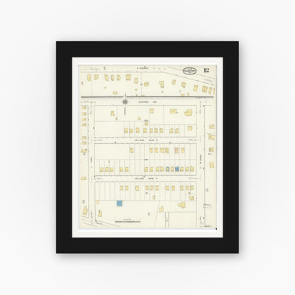Old map wall art mockup — black gallery frame with white mat — Sanborn Fire Insurance Map from Fairport, Monroe County, New York (1915), Sheet #0012
