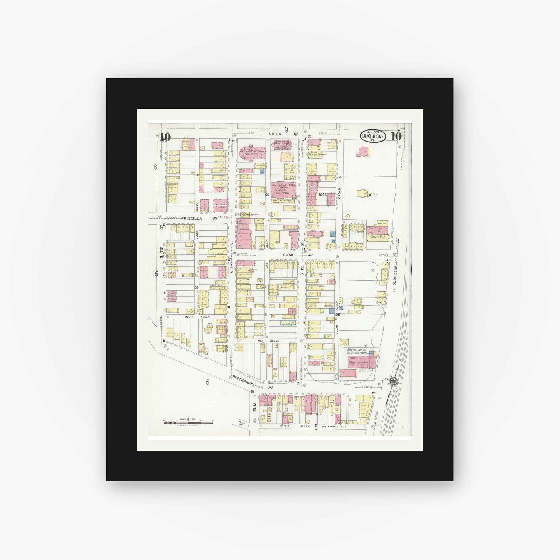 Old map wall art mockup — black gallery frame with white mat — Sanborn Fire Insurance Map from Duquesne, Allegheny County, Pennsylvania (1925), Sheet #0010