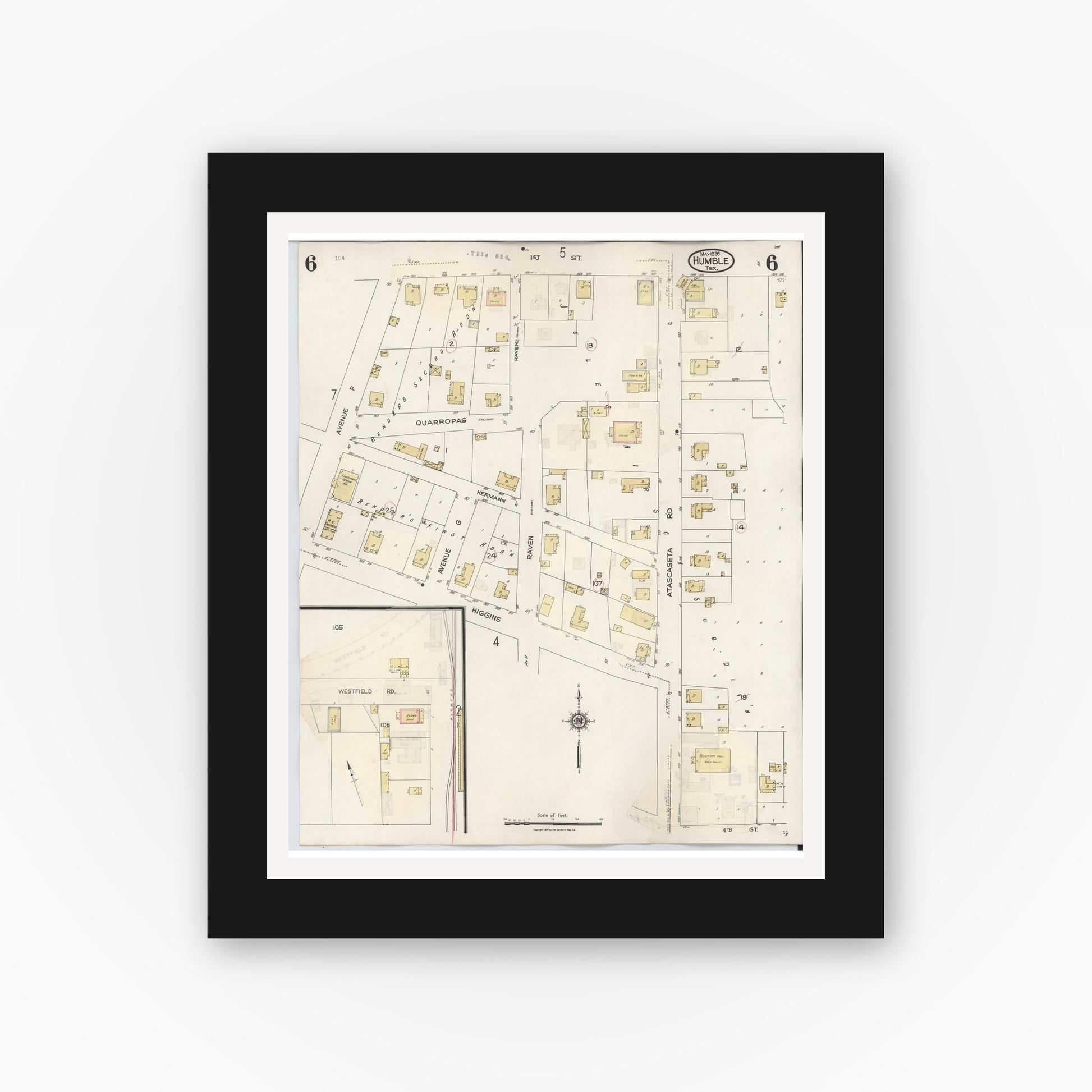 Old map wall art mockup — black gallery frame with white mat — Sanborn Fire Insurance Map from Humble, Harris County, Texas (1940), Sheet #0006