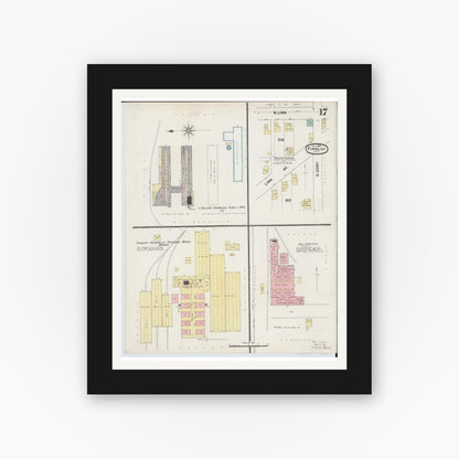 Old map wall art mockup — black gallery frame with white mat — Sanborn Fire Insurance Map from Findlay, Hancock County, Ohio (1890), Sheet #0017
