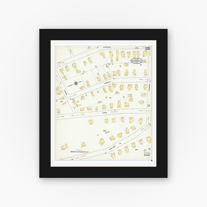 Old map wall art mockup — black gallery frame with white mat — Sanborn Fire Insurance Map from Greenfield, Franklin County, Massachusetts (1909), Sheet #0028