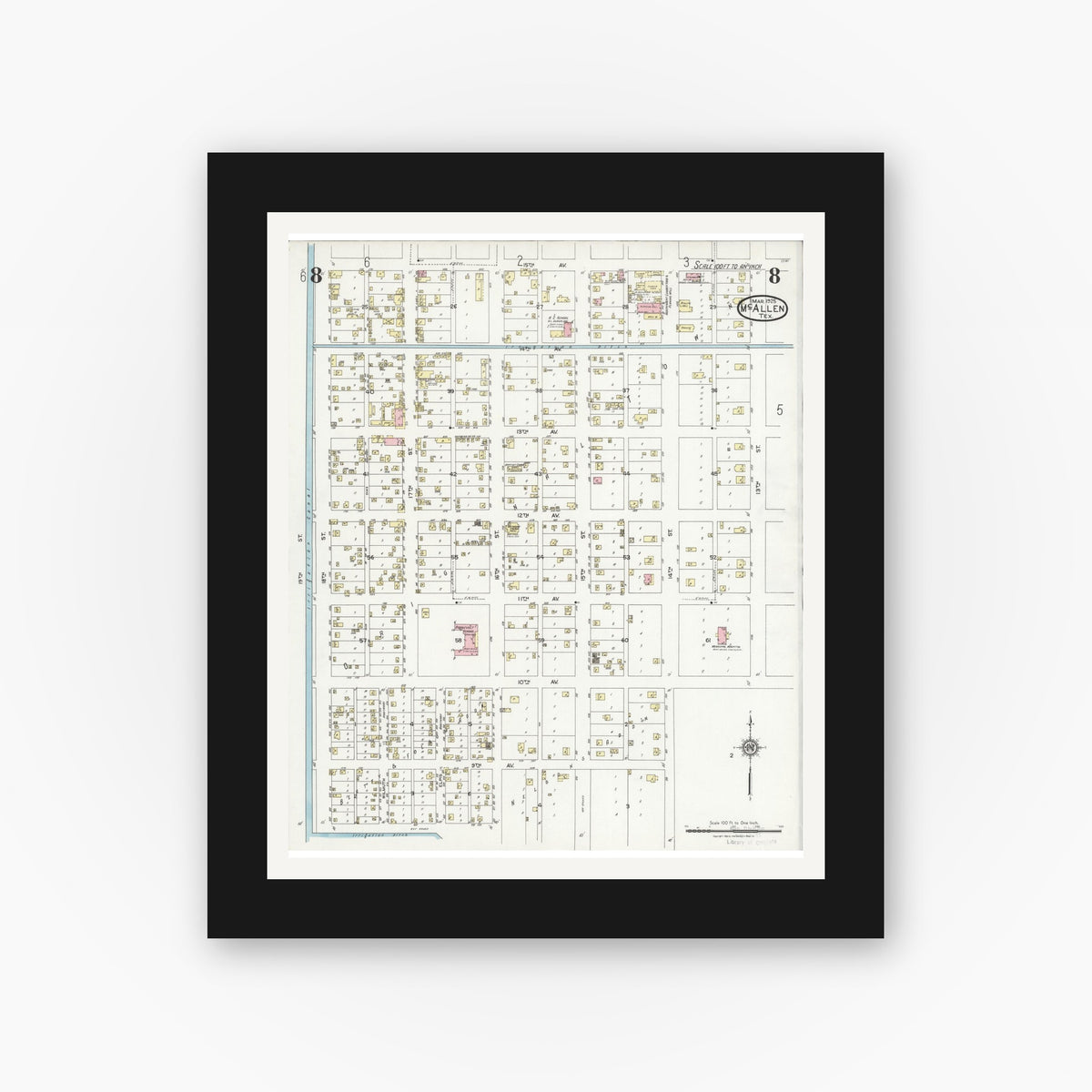 Old map wall art mockup — black gallery frame with white mat — Sanborn Fire Insurance Map from McAllen, Hidalgo County, Texas (1925), Sheet #0008